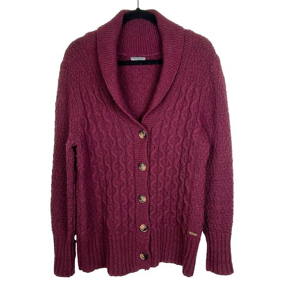 Eddie Bauer Burgundy Lambs Wool Grandpa Cardigan Fisherman Cable Knit Shawl L - Picture 1 of 13